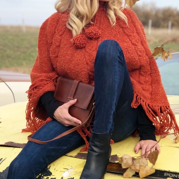 Vintage Jackets & Blazers - Vintage Wool Burnt Orange Boho Poncho
